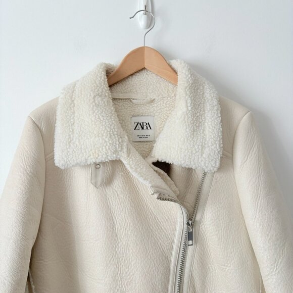 Zara Faux Suede Sherling Aviator Leather Belted Jacket Coat White Cream Medium - Picture 4 of 8